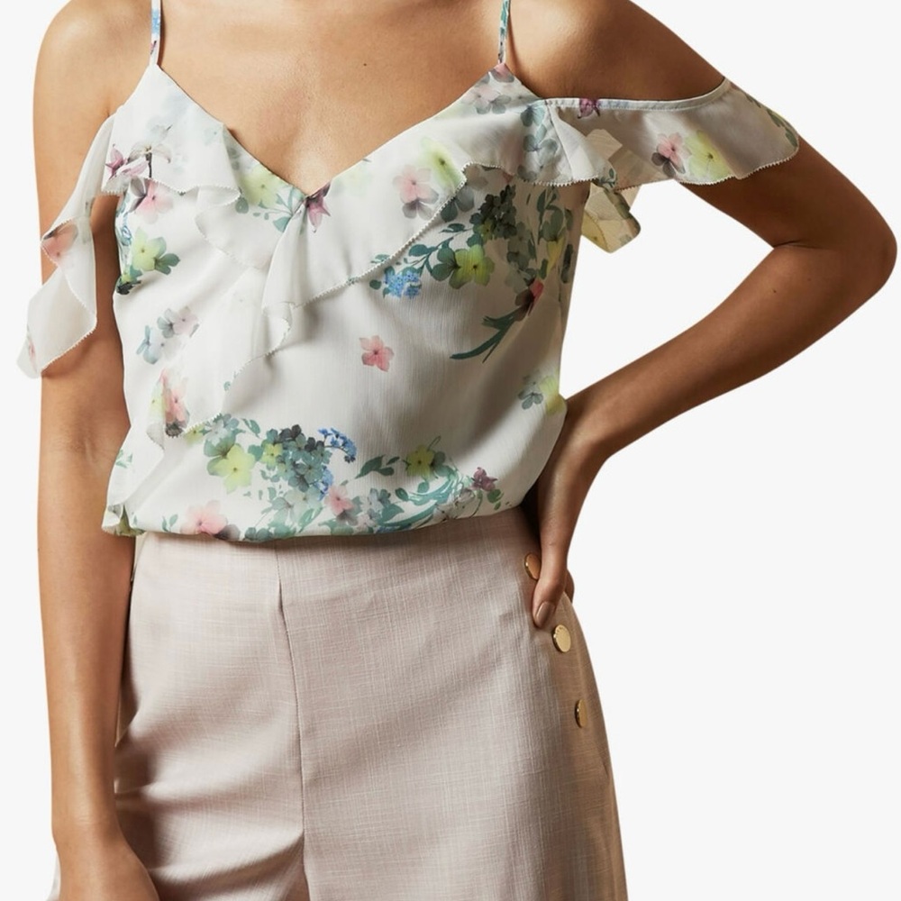 EUC SZ TB3 M  Ted Baker Meeya White Ruffle Trim Cold Shoulder Camisole